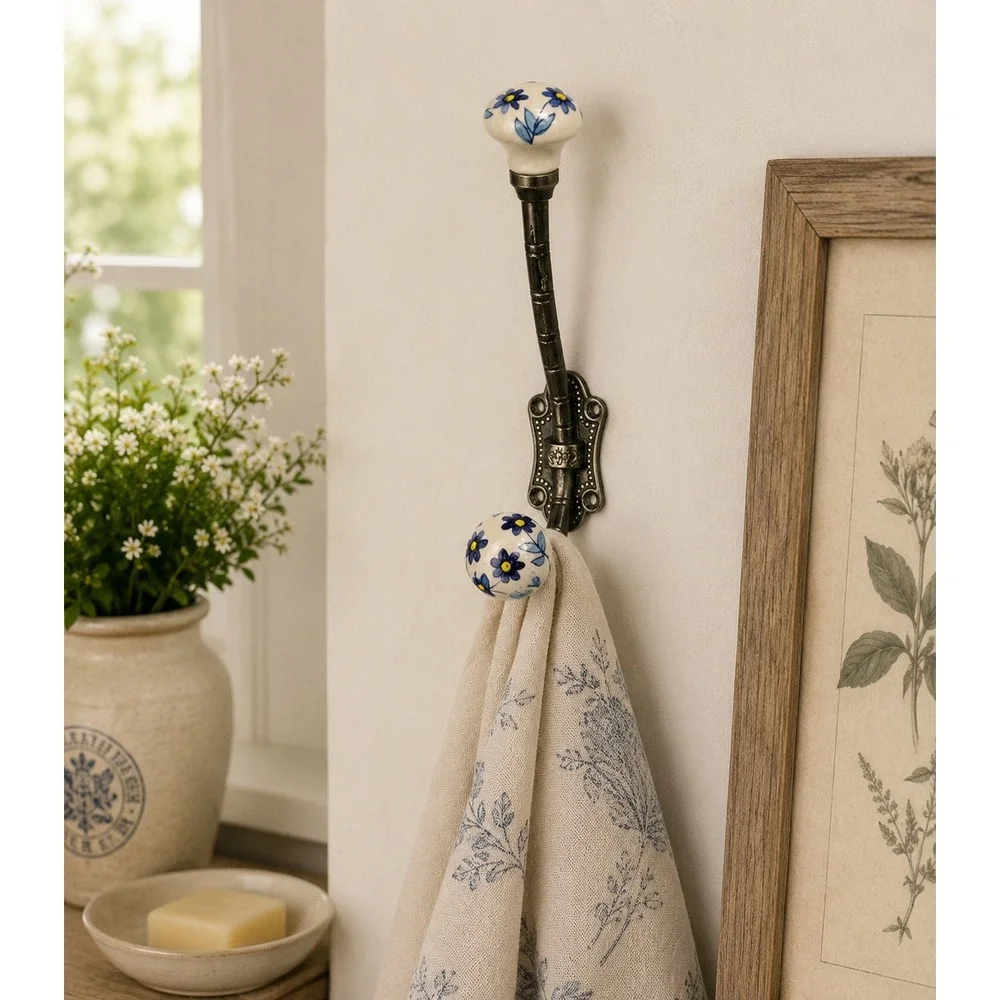 Vintage Double Wall Hook Blue White Floral Ceramic Porcelain Knobs Coat Towel